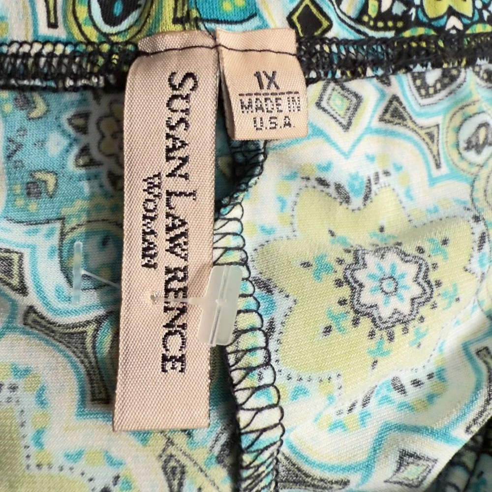 Susan Lawrence Woman‎ 1X Midi Skirt Teal Green Geometric Kaleidoscope 73309 USA